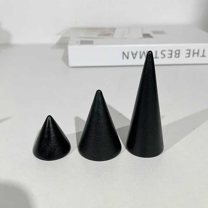Black Solid Wood Ring Display Stand Cone Base Ring Holder Jewelry Storage Photography Props Geometric Pattern Premium Feeling Spray Paint