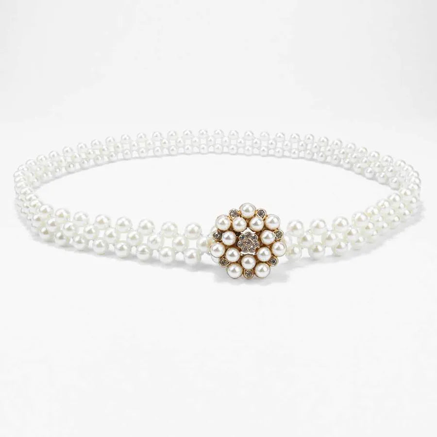 sweet oval flower bow knot imitation pearl metal inlay rhinestones women's chain belts