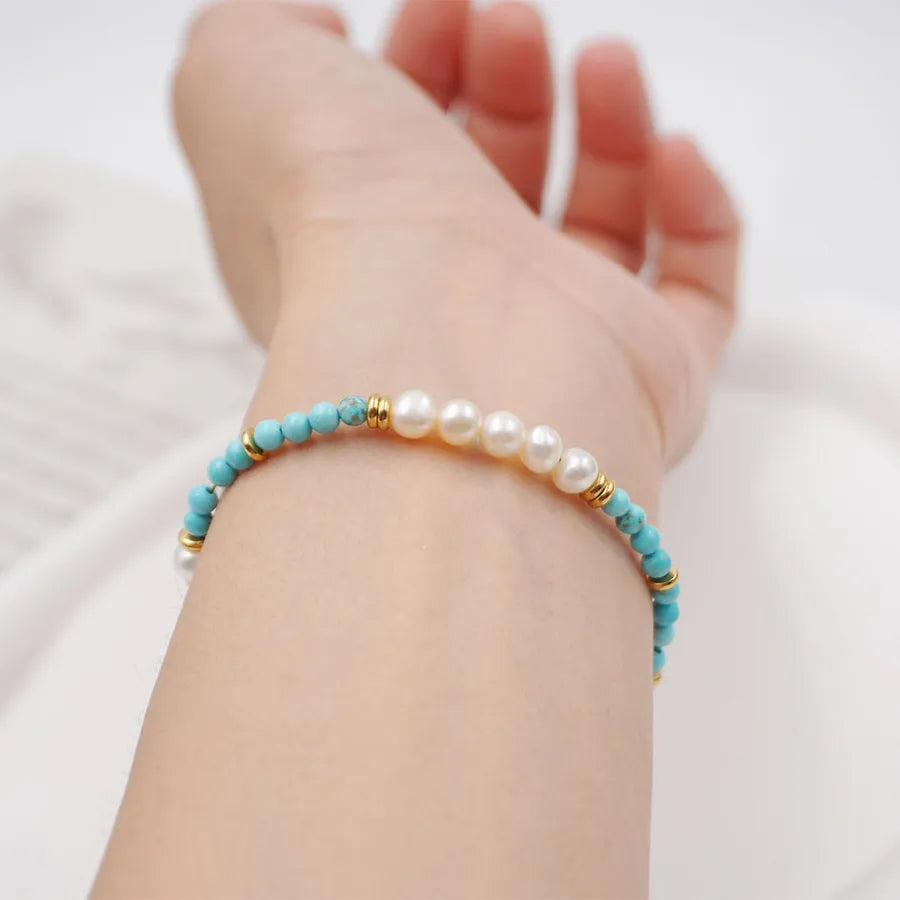 Vintage Style Simple Style Round 304 Stainless Steel turquoise Freshwater Pearl Gold Plated Necklace In Bulk