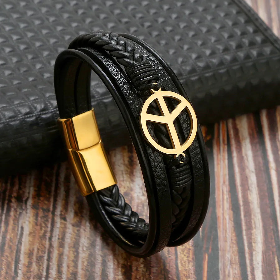 classical simple style roman style solid color stainless steel pu leather handmade men's bracelets