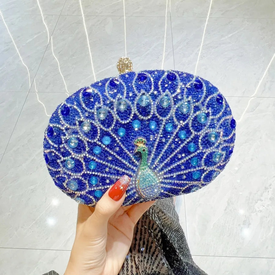 Green Silver Black Polyester Peacock Oval Evening Bags