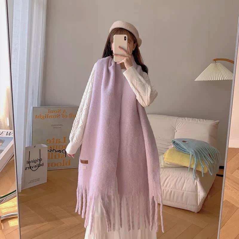 women's sweet color block polyester tassel scarf