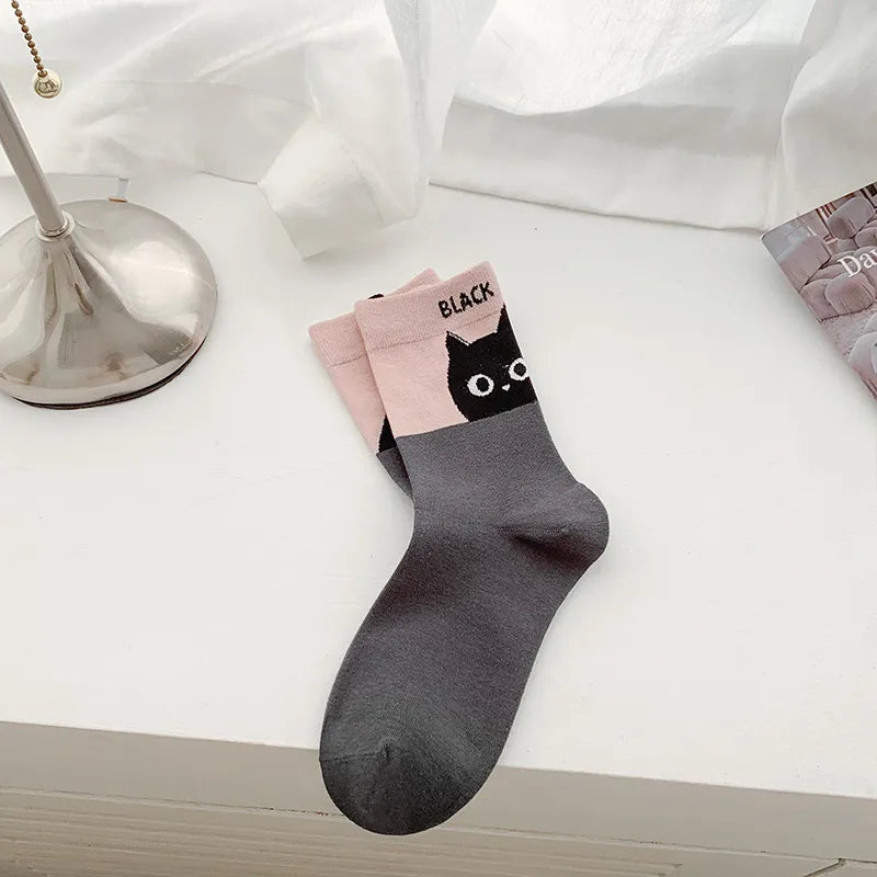 A Pair Cute Sweet Women's Letter Cat Cotton Crew Socks