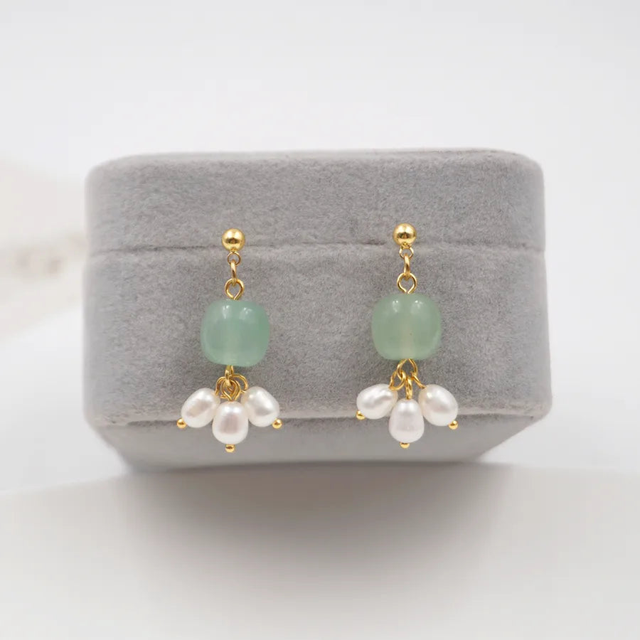 1 Pair Vintage Style Ethnic Style Geometric natural stone Freshwater Pearl Copper Gold Plated Drop Earrings