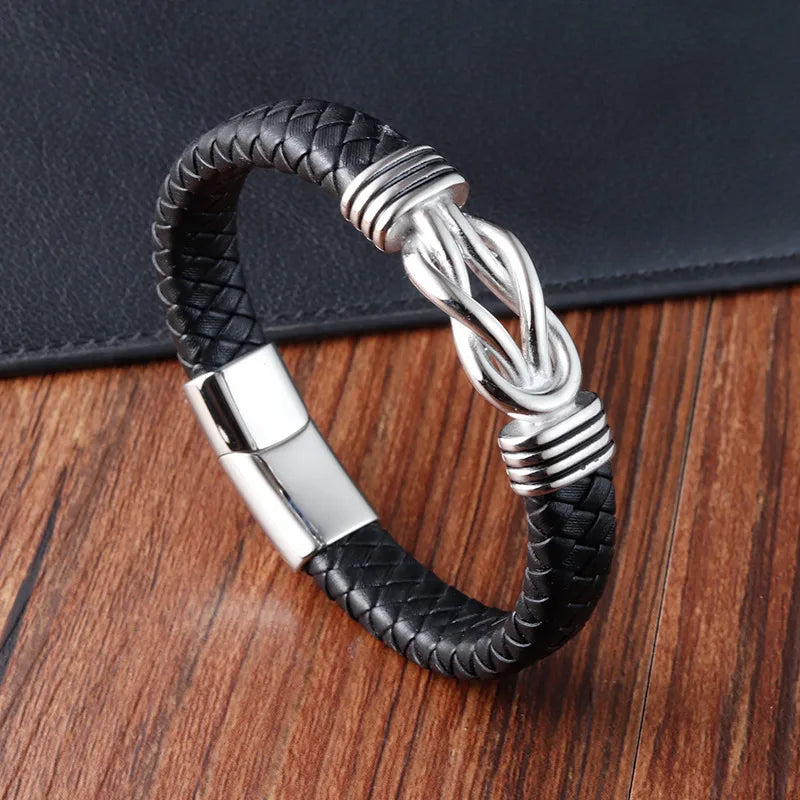 Infinite 8-Word Leather Bracelet Handmade Bracelet Authentic Leather Weave Men's Leather Bracelet Stainless Steel L22356