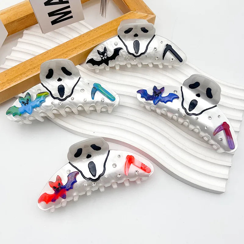 Acetate Skeleton Shark Clip Halloween Half Updo Hair Accessory Women's Dark Style Pumpkin Skull Headwear Bat Skeleton Grab Clip