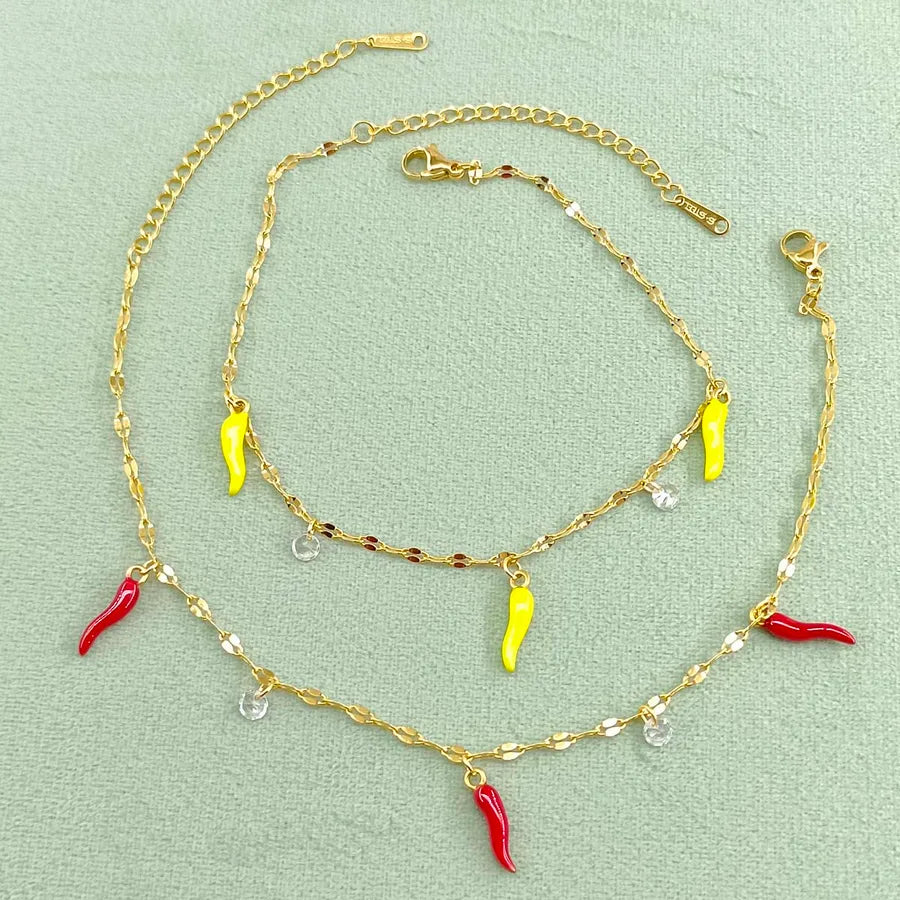 Wholesale Jewelry Cute Pastoral Simple Style chili 304 Stainless Steel Acrylic Zircon 18K Gold Plated Plating Inlay Anklet