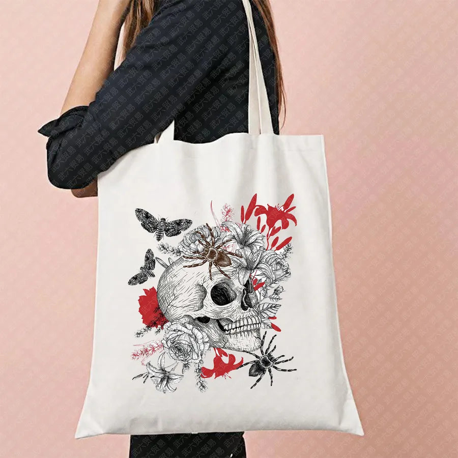 Ghost Pattern Halloween Outdoor Shopping Bag Cute Ghost Design Canvas Tote Bag For Ladies Retro Fashion Printed Large Size