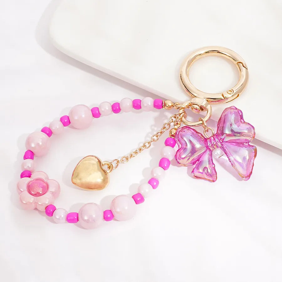 Cute Metal Keychain Pendant Beaded Bookbag Girl's Bag Charm  Style Cartoon Design Half Handmade Flower