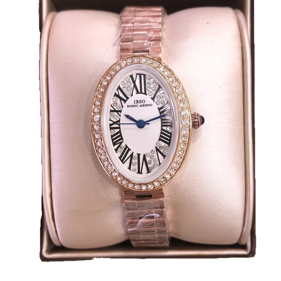 Elegant Oval Roman Numeral IBSO Ladies Watch Luxury Stainless Steel Band Quartz Movement Fashionable Women's Timepiece