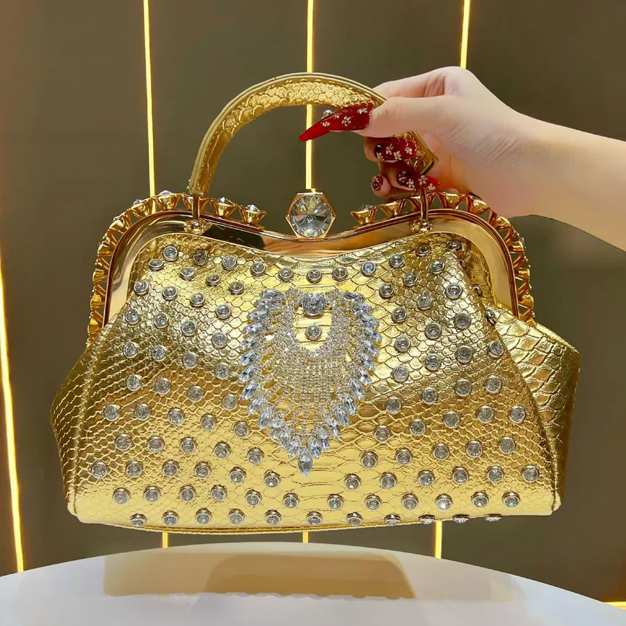 New Large Capacity Women's Handbag Luxury Crossbody Evening Dress Bag High-End Sensation Women's Bucket Shape Pu Diamond Embellished