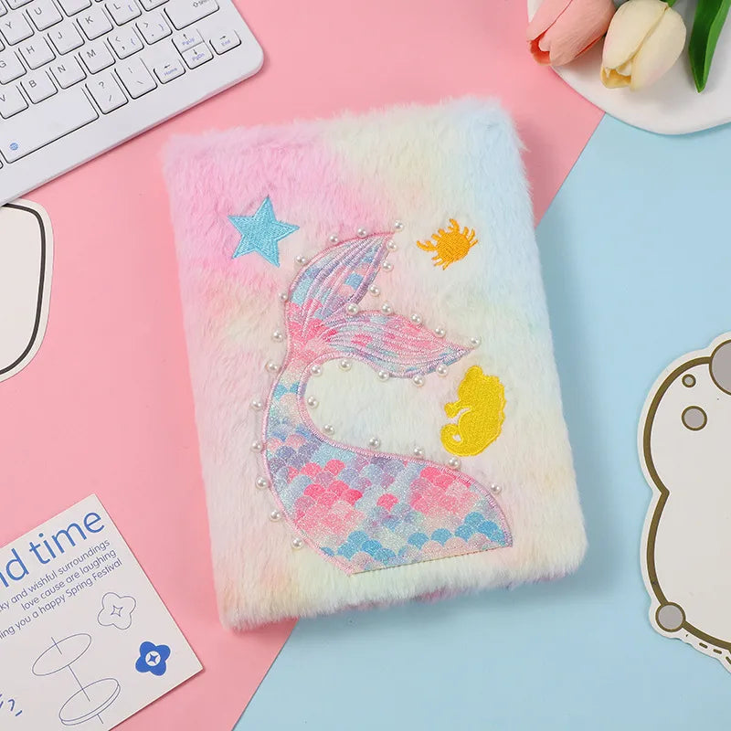 Cute Mermaid Tail Plush Notebook Student Study Diary Book Cartoon Learning Record Book Lovely Girl Handmade Bullet Journal