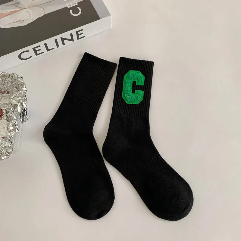 women's casual letter solid color cotton crew socks a pair