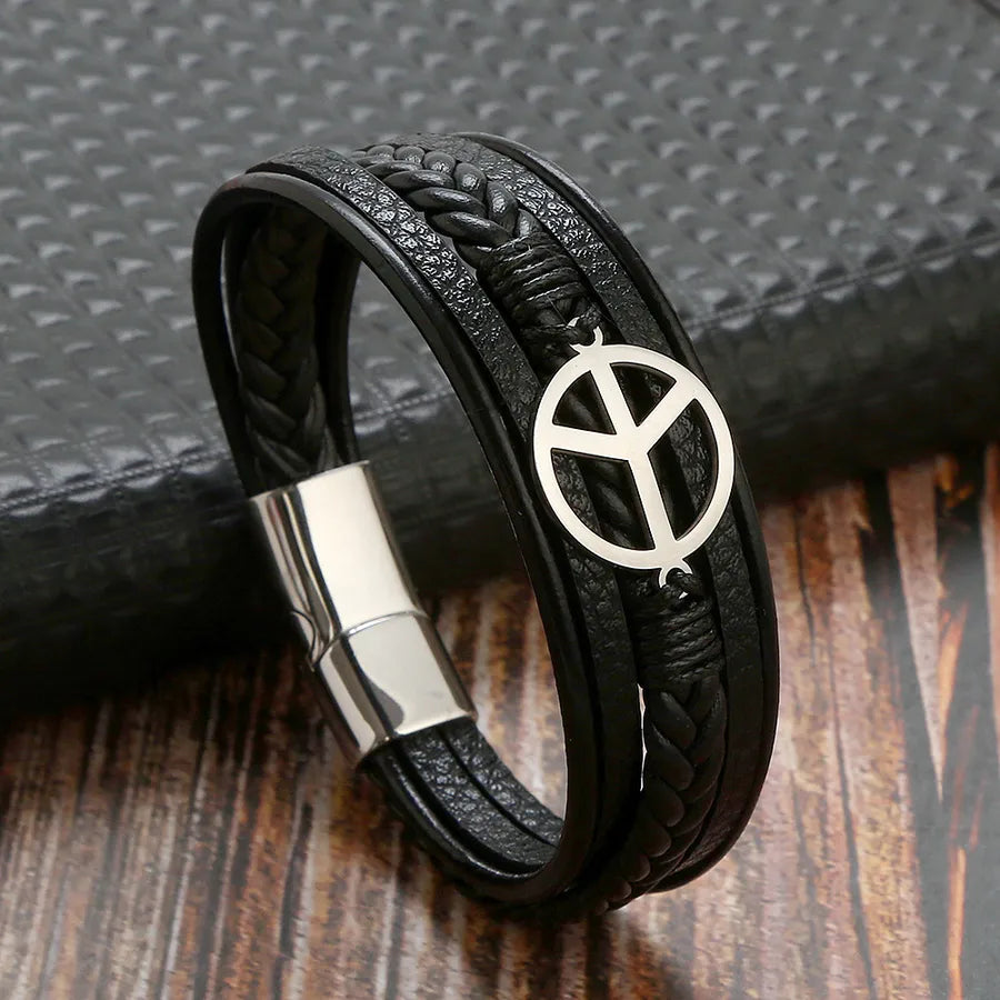 classical simple style roman style solid color stainless steel pu leather handmade men's bracelets