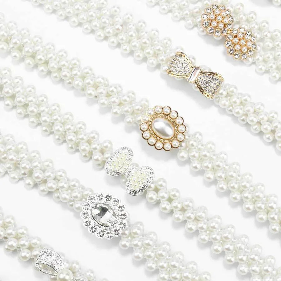 sweet oval flower bow knot imitation pearl metal inlay rhinestones women's chain belts
