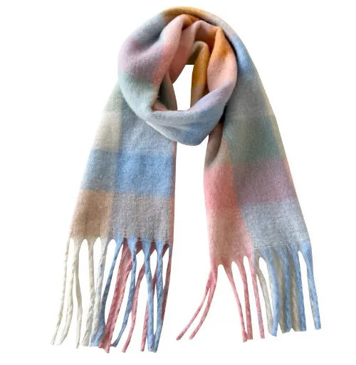 women's simple style lattice imitation cashmere tassel scarf
