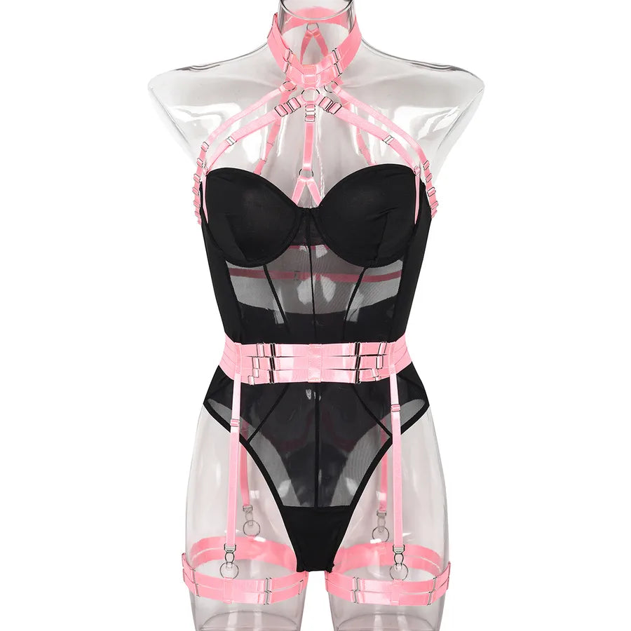 european station cross-border new sexy jumpsuit ins mesh strap stitching complex heavy craft neck sling leg ring