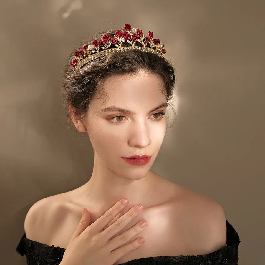 new wedding jewelry baroque red rose diamond crown wholesale nihaodropshipping
