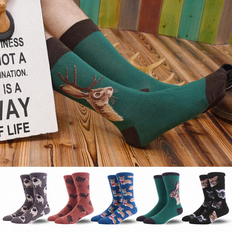 men's fashion animal cat elk nylon cotton jacquard crew socks