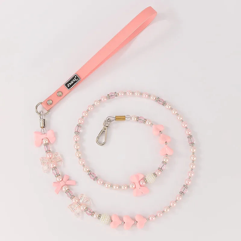 All Seasons Cute Pu Leather Imitation Pearl Geometric Leash Pet Collar