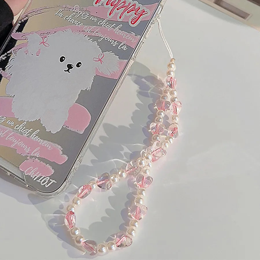 cute heart shape flower pc silica gel soft clay inlay artificial pearls women's mobile phone chain 1 piece