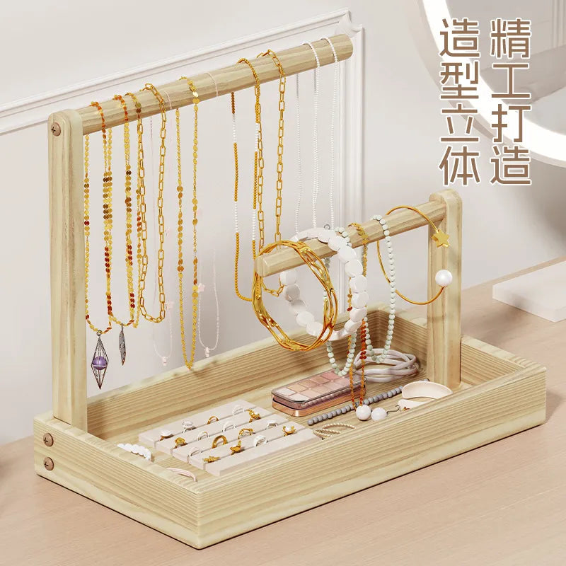 Solid Wood Jewelry Display Stand Bracelet Necklace Watch Holder Storage Box Buddha Beads Desktop Organizer Simple Style