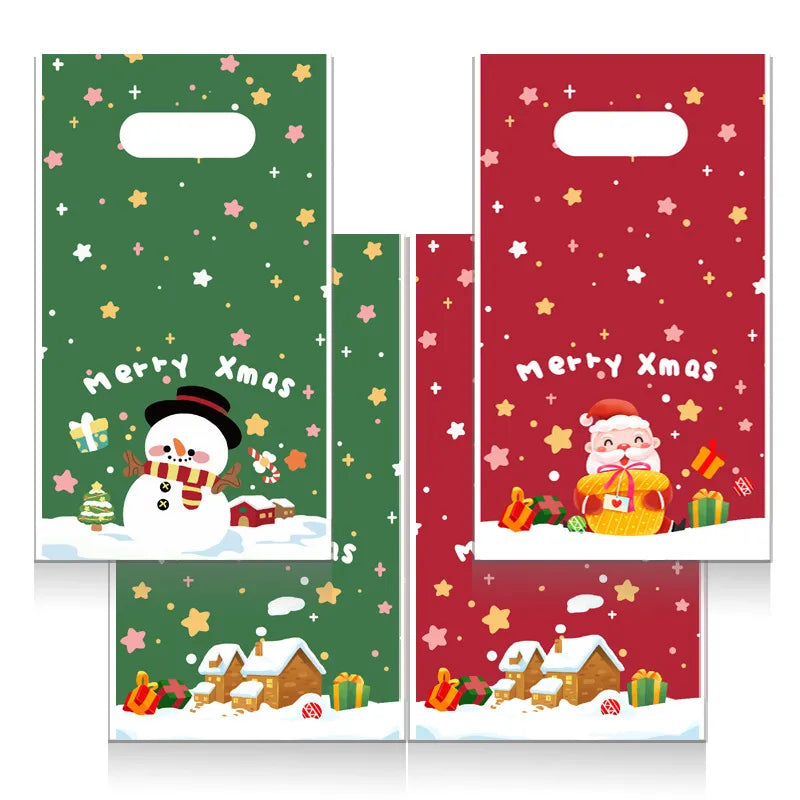 Christmas Cartoon Plastic Gift Bags Candy Packaging Handheld Storage Bags Flat Mouth Holiday Themed Printed Red Green