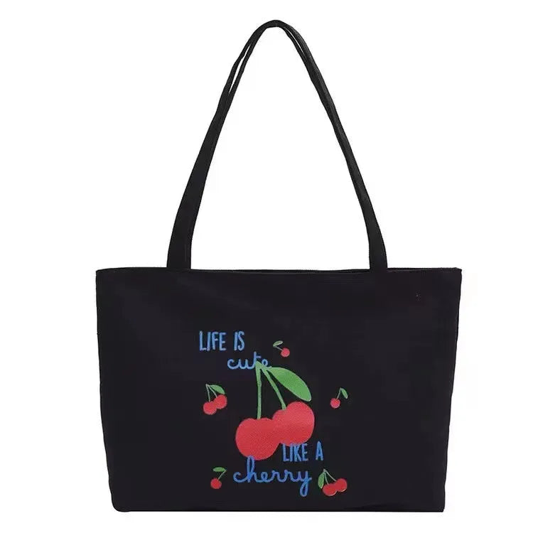 Women's Canvas Cherry Cute Sewing Thread Square Zipper Canvas Bag Tote Bag