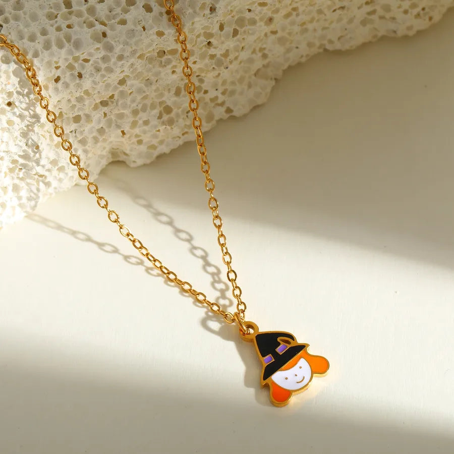 Halloween Series Stainless Steel 18K Gold Plated Drip Oil Hat Bat Pendant Necklace Funny Design Festival Jewelry Accessory