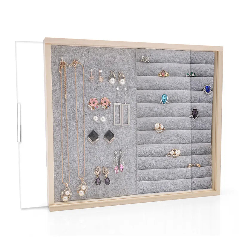 Solid wood dustproof jewelry box wall-mounted household earrings earrings display rack ring storage tray necklace earrings box