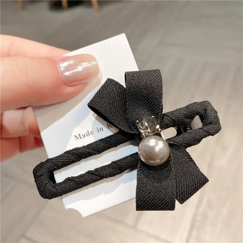Pearl Butterfly Knot Fabric Duckbill Clip Women's Hair Accessories Sweet Side Hairpins Casual Style Mixed Material Hairgrips