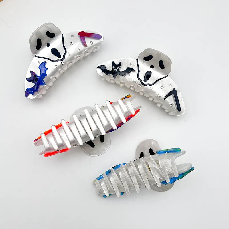 Acetate Skeleton Shark Clip Halloween Half Updo Hair Accessory Women's Dark Style Pumpkin Skull Headwear Bat Skeleton Grab Clip