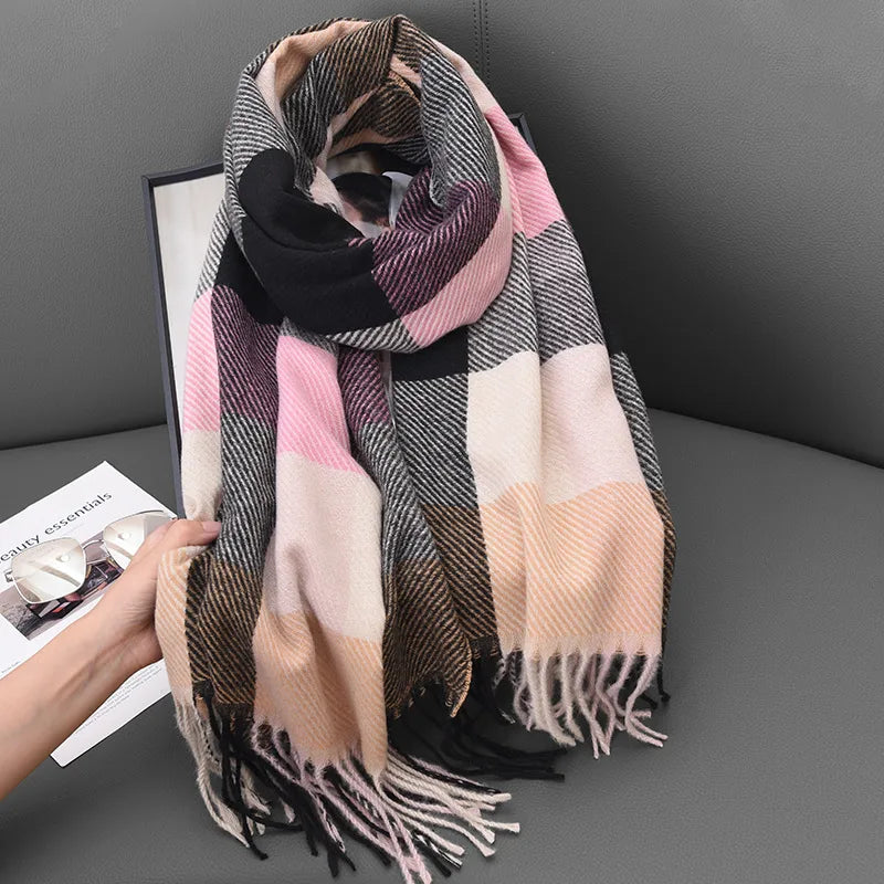 Women's Classic Style Plaid Imitation cashmere Tassel Scarf
