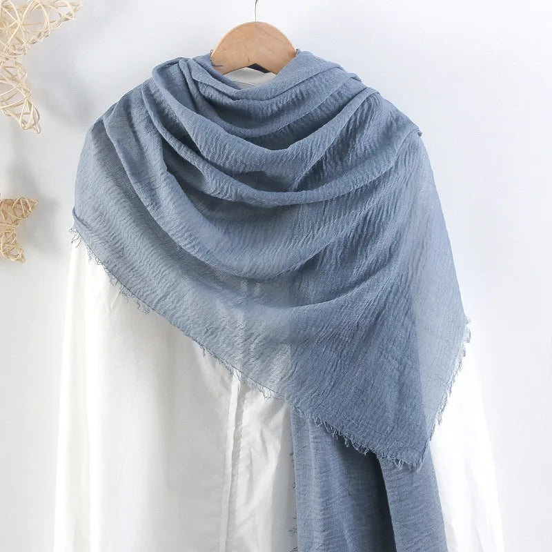Hot selling solid color pleated cotton and linen scarf  women's bag headscarf crumpled hair fringe bubble scarf women's scarf cover head