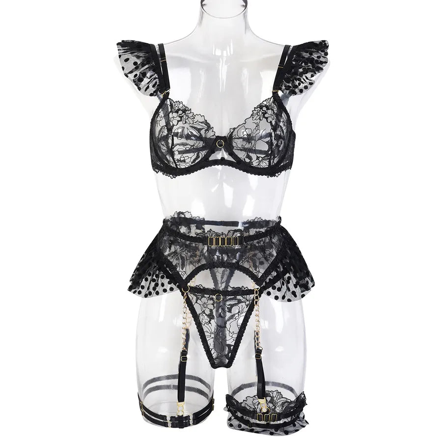 polka dots flower sheer bra sexy lace see-through chain low waist thong sexy lingerie