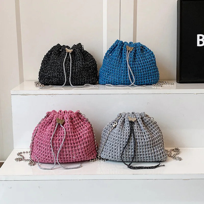 Special-Interest Design Hollow Knit Woven Women's Cross-Body Bag, Fashion Crocheted Bucket Bag, Versatile Chain Small Bag