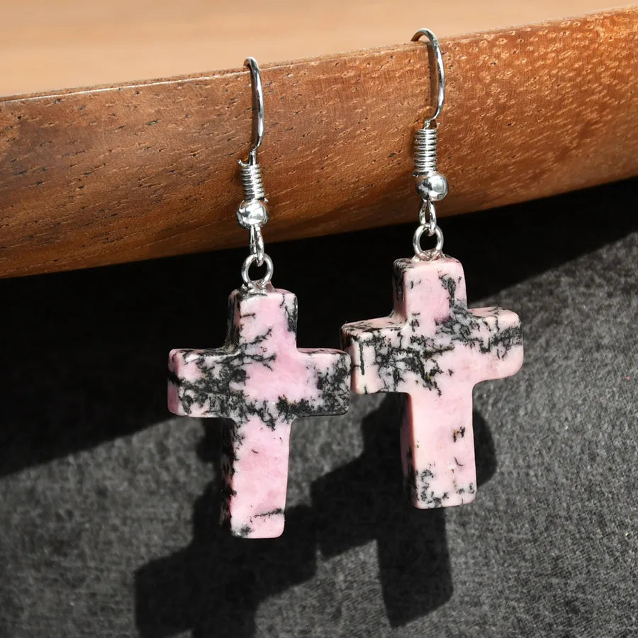 1 Pair Simple Style Cross Alloy natural stone Drop Earrings