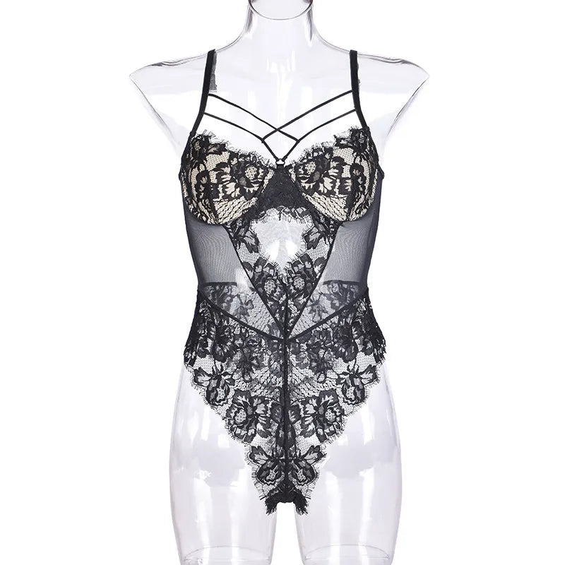 women's sexy solid color sexy lingerie sets party hollow out jumpsuit mid waist thong sexy lingerie