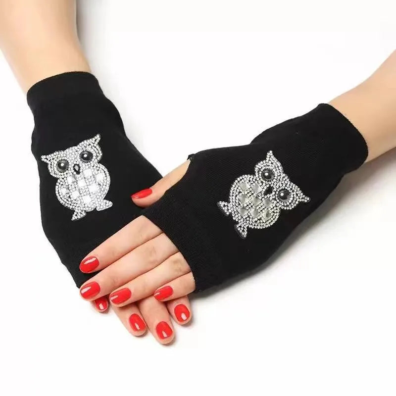 unisex retro bear owl flower knitted fabric gloves 1 pair