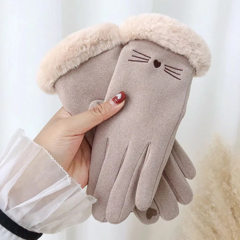 Gloves Women's Winter Velvet Thickened Warm  Cute Touch Screen De Velvet Fall/Winter Electric Car Cold-proof Riding Gloves