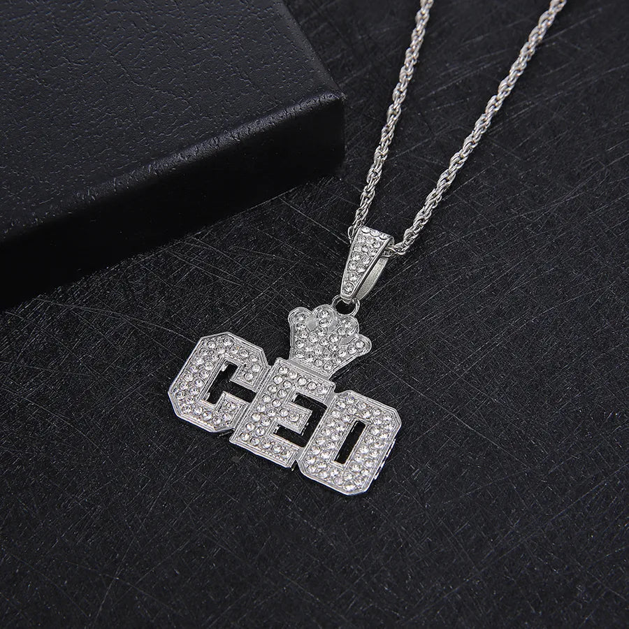 Hip Hop Style  Diamond Crown Letters CEO Pendant Necklace for Men Cuban Link Chain Necklace Wholesale