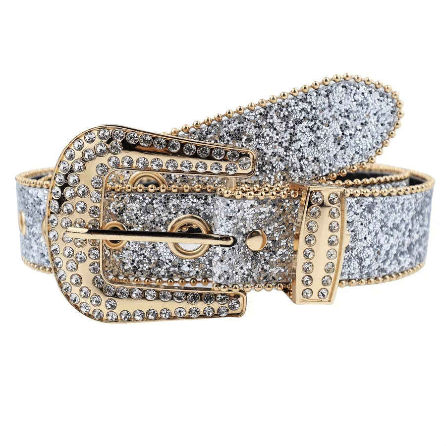 retro sweet solid color pu leather alloy diamond women's leather belts