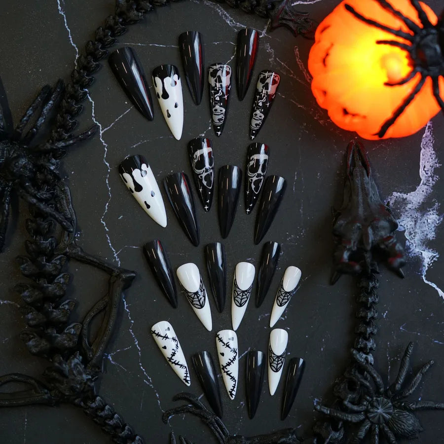 24 pcs/box Wholesale Wound Skeleton Long Pattern Nails Halloween Ghost Spider Web Press on Nail