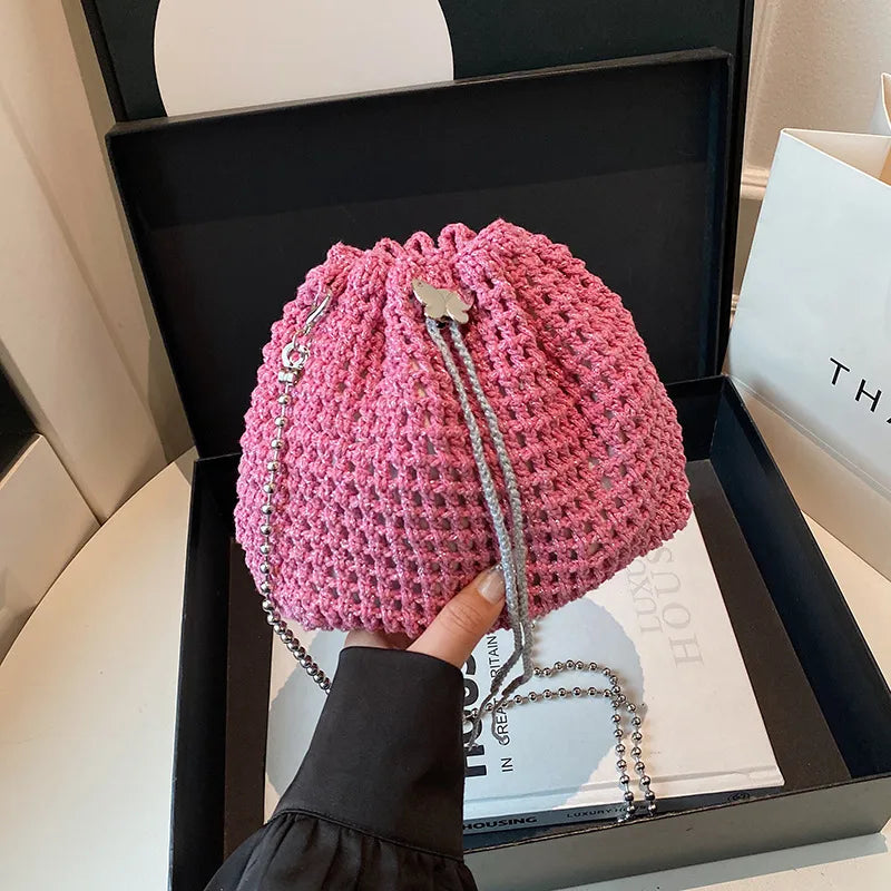 Special-Interest Design Hollow Knit Woven Women's Cross-Body Bag, Fashion Crocheted Bucket Bag, Versatile Chain Small Bag