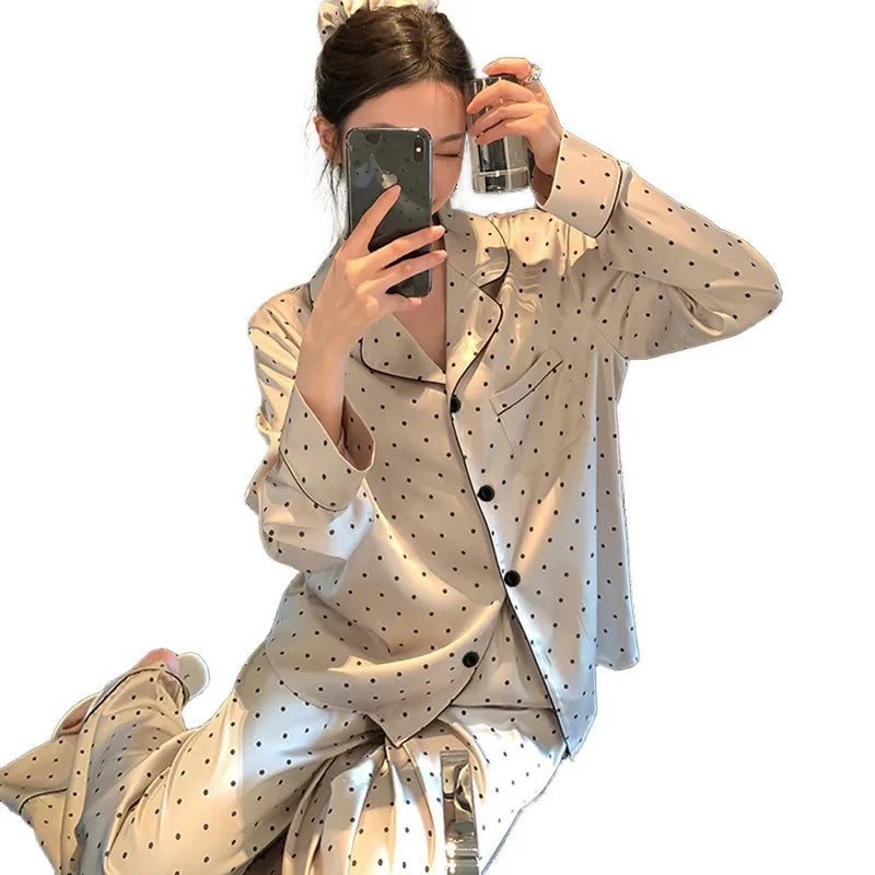 French Anti-Aging Sleepwear Women's Spring Autumn New Simple Polka Dot Long Sleeve Long Pants Ice Silk Home Clothes Fashion Set