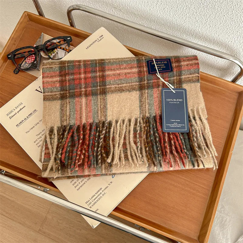 Women's Retro Plaid Polyester Tassel Scarf