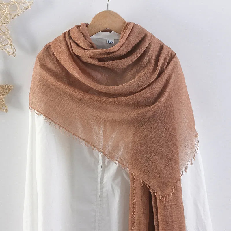Hot selling solid color pleated cotton and linen scarf  women's bag headscarf crumpled hair fringe bubble scarf women's scarf cover head