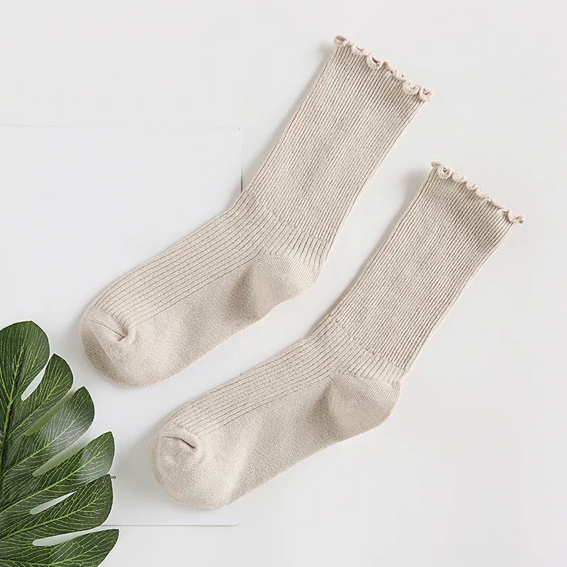 Stacked Socks Women's Japanese Style Autumn and Winter Cotton Thin Women's Socks Solid Color Wood Ear Retro Short Boots Socks