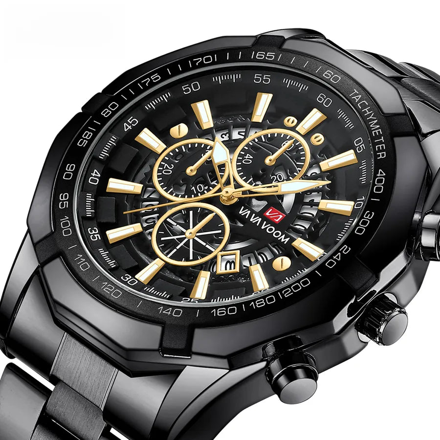 new spot wholesale watch men's steel band three eyes six needle luminous calendar sports waterproof quartz watch