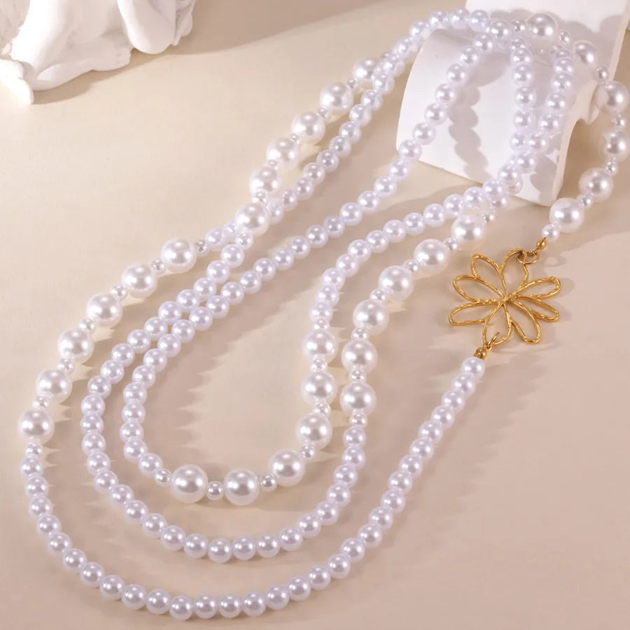 Elegant Lady Wedding Flower 18K Gold Plated 304 Stainless Steel Imitation Pearl Beaded Chain Layered Necklaces Wholesale